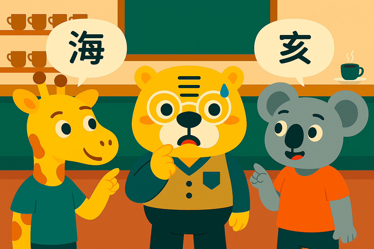 Illustrazione in stile flat di Bingo nella caffetteria della Khanji School, confuso tra due studenti che pronunciano caratteri omofoni diversi: 海 e 亥