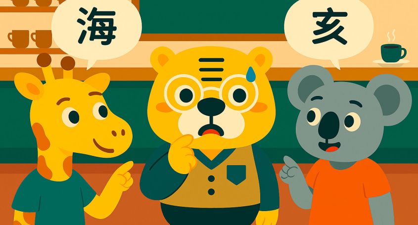 Illustrazione in stile flat di Bingo nella caffetteria della Khanji School, confuso tra due studenti che pronunciano caratteri omofoni diversi: 海 e 亥