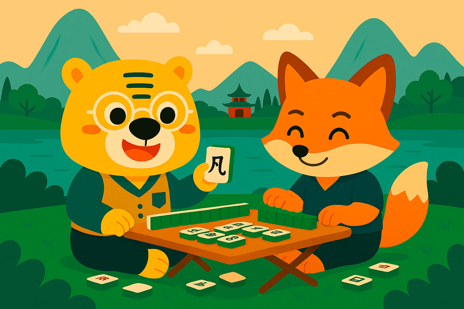 Ilustración de estilo plano que muestra a Bingo y al alumno zorro jugando al Mahjong en la naturaleza  