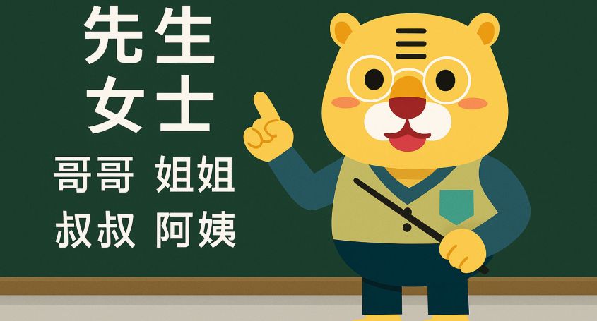 Ilustración en estilo flat de Bingo enseñando tratamientos en chino como 先生, 小姐 y 老师, con diferentes personajes representando cada término