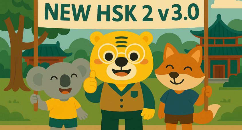 Cartoon illustration of Bingo and two students holding a banner for the new HSK 2 v3.0 in a traditional Chinese park setting