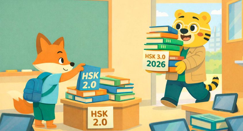 Li Hua pose des livres du HSK 2.0 sur une table pendant que Bingo arrive avec de nouveaux livres du HSK 3.0 en classe.