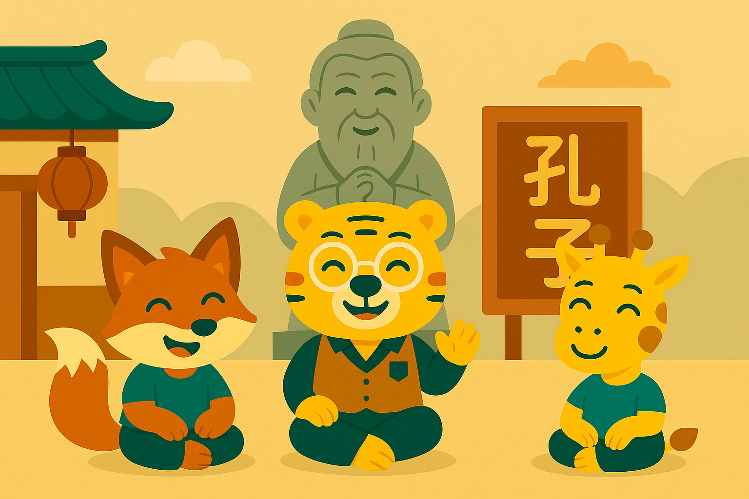 Bingo enseignant dans une salle de classe traditionnelle chinoise avec des symboles confucéens et une décoration classique