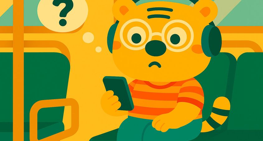 Illustration of Bingo, an anthropomorphic tiger, sitting on a bus with headphones while trying to play audio on his phone using Text-To-Speech on Andr