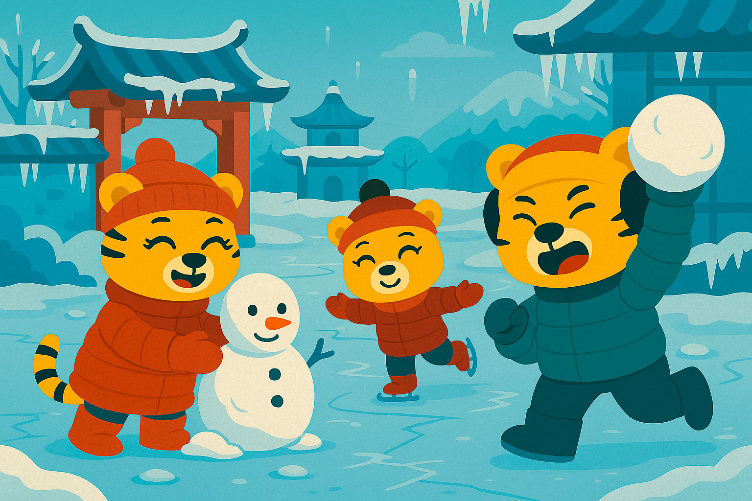 Bingo, Li Mei e Li Hua in un paesaggio ghiacciato: Li Mei fa un pupazzo di neve, Li Hua pattina e Bingo lancia una palla di neve.
