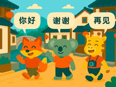 Three Khanji School students greet in a traditional Chinese street using basic HSK1 phrases.