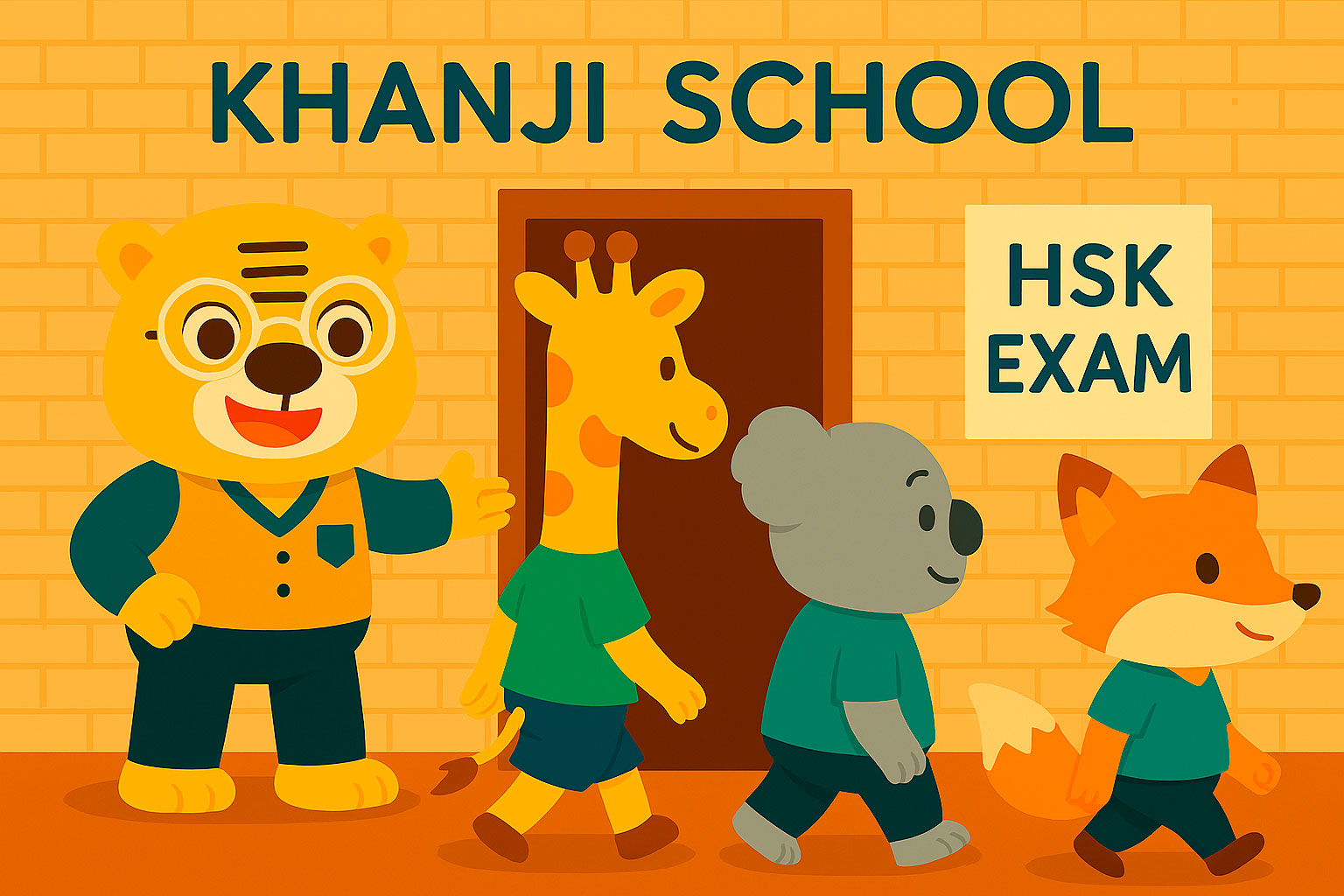 Flache digitale Illustration mit Bingo am Eingang des Khanji School Klassenzimmers neben einem „HSK Exam“-Schild, mit drei tierischen Schülern: einer 