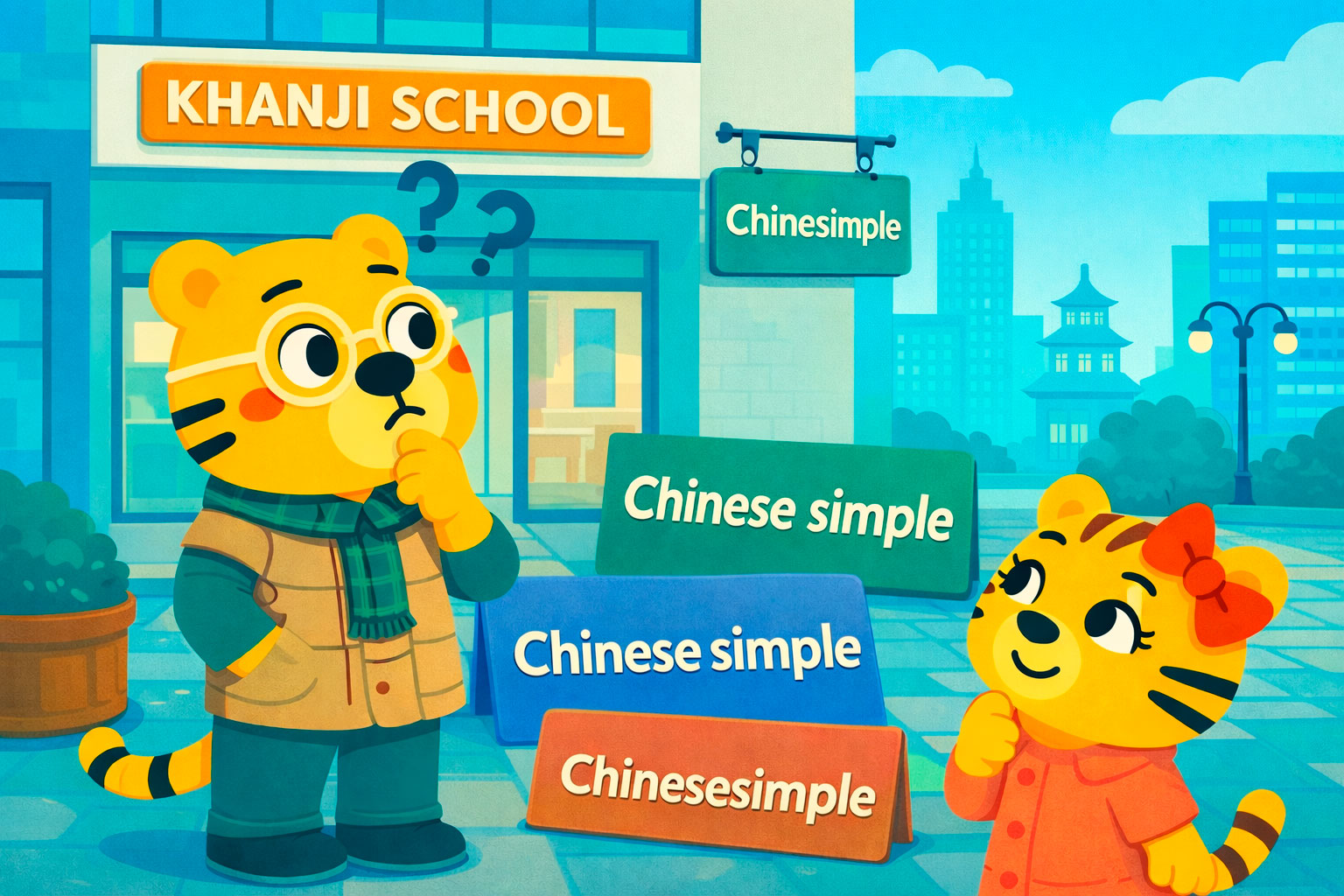 Bingo y Li Hua reflexionan frente a la escuela Khanji School en una calle de Pekín, rodeados de carteles con distintas formas del nombre Chinesimple.