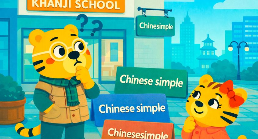 Bingo y Li Hua reflexionan frente a la escuela Khanji School en una calle de Pekín, rodeados de carteles con distintas formas del nombre Chinesimple.