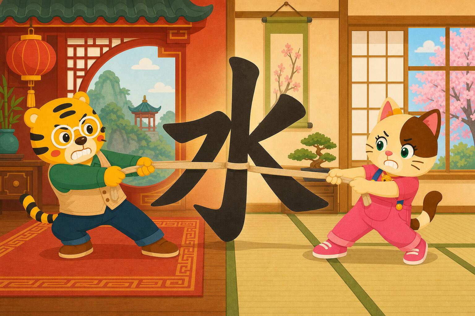 Sakura y Bingo tiran de un gran kanji 水 para explicar los caracteres chinos en japonés